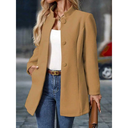 Women's Elegant Stand-Collar Button Coat | Ivory Fitted Wool-Feel Classic Smart Winter Coat | Smart Casual Office Formal Autumn Winter Outerwear
