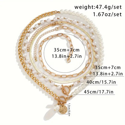 Women's Gold Pearl Snake Chain Layered Necklace Set | 4-Piece Toggle Coin Pendant Chain Set | Casual Going Out Everyday Jewellery