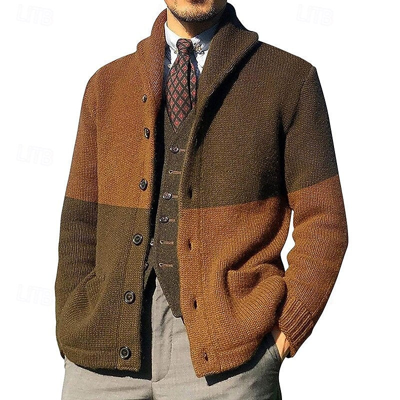 Men's Colour-Block Shawl-Collar Knit Cardigan | Classic Contrast Cosy Casual Everyday Cardigan | Smart Casual Everyday Autumn Winter Knitwear
