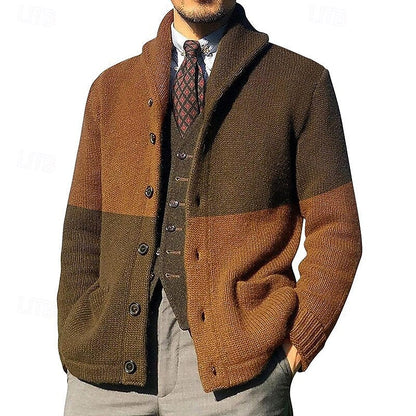 Men's Colour-Block Shawl-Collar Knit Cardigan | Classic Contrast Cosy Casual Everyday Cardigan | Smart Casual Everyday Autumn Winter Knitwear