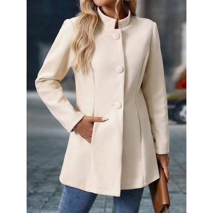 Women's Elegant Stand-Collar Button Coat | Ivory Fitted Wool-Feel Classic Smart Winter Coat | Smart Casual Office Formal Autumn Winter Outerwear