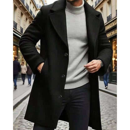 Men's Single-Breasted Notch Lapel Longline Overcoat | Charcoal Classic Tailored Smart Winter Coat | Smart Formal Office Autumn Winter Outerwear