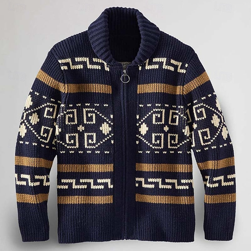 Men's Patterned Zip-Front Knit Cardigan | Classic Casual Everyday Cosy Zip Cardigan | Smart Casual Everyday Autumn Winter Knitwear