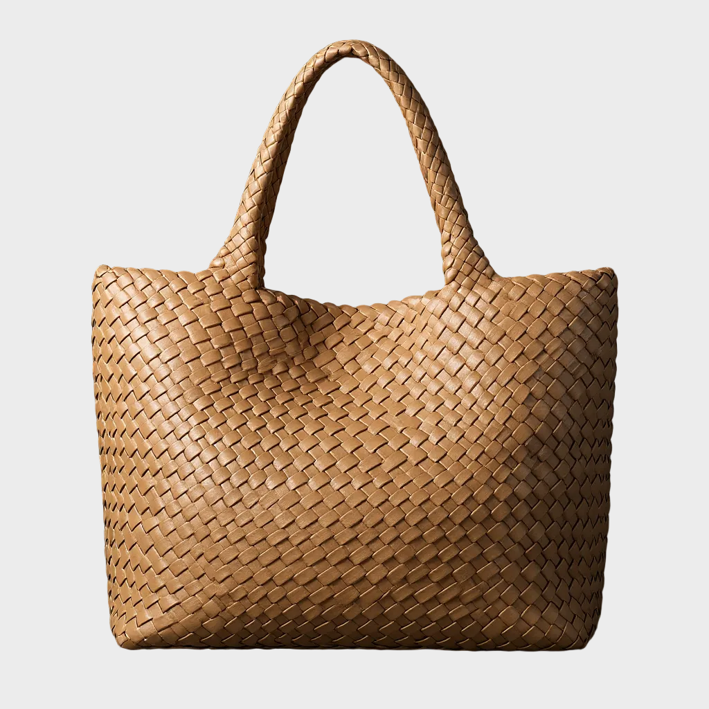 Handgewebte Ledertasche für Damen | Große lässige Umhängetasche in Tan mit gewebtem Flechtmuster | Elegant-lässige Alltagstasche zum Ausgehen