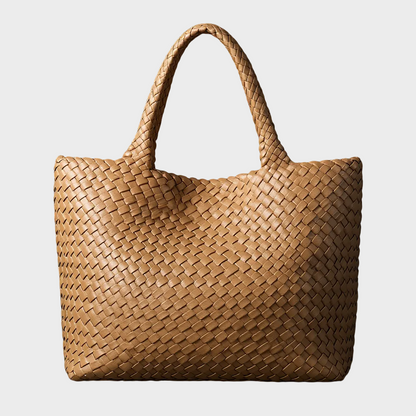 Handgewebte Ledertasche für Damen | Große lässige Umhängetasche in Tan mit gewebtem Flechtmuster | Elegant-lässige Alltagstasche zum Ausgehen