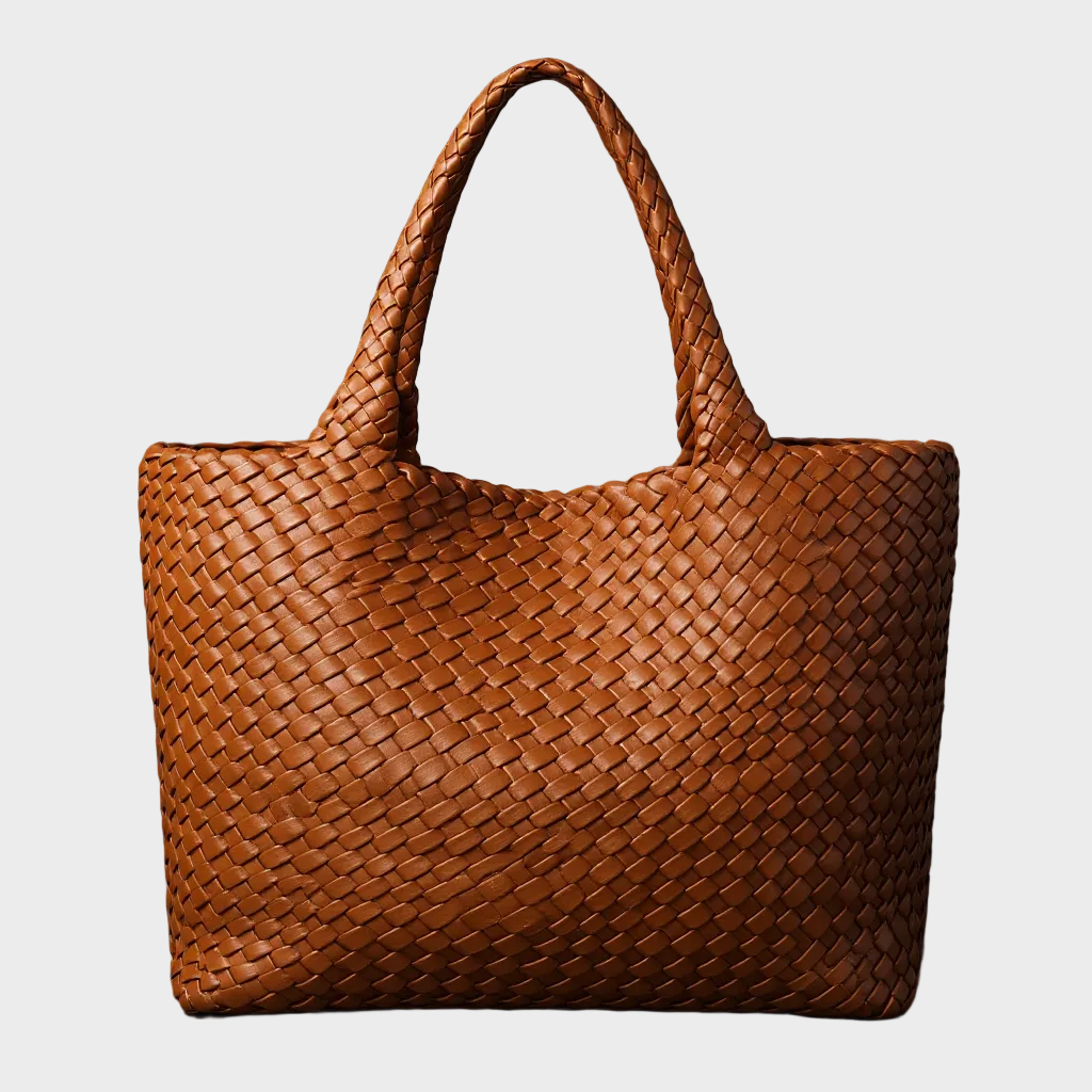Handgewebte Ledertasche für Damen | Große lässige Umhängetasche in Tan mit gewebtem Flechtmuster | Elegant-lässige Alltagstasche zum Ausgehen