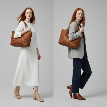 Handgewebte Ledertasche für Damen | Große lässige Umhängetasche in Tan mit gewebtem Flechtmuster | Elegant-lässige Alltagstasche zum Ausgehen