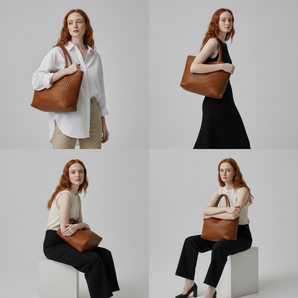 Handgewebte Ledertasche für Damen | Große lässige Umhängetasche in Tan mit gewebtem Flechtmuster | Elegant-lässige Alltagstasche zum Ausgehen