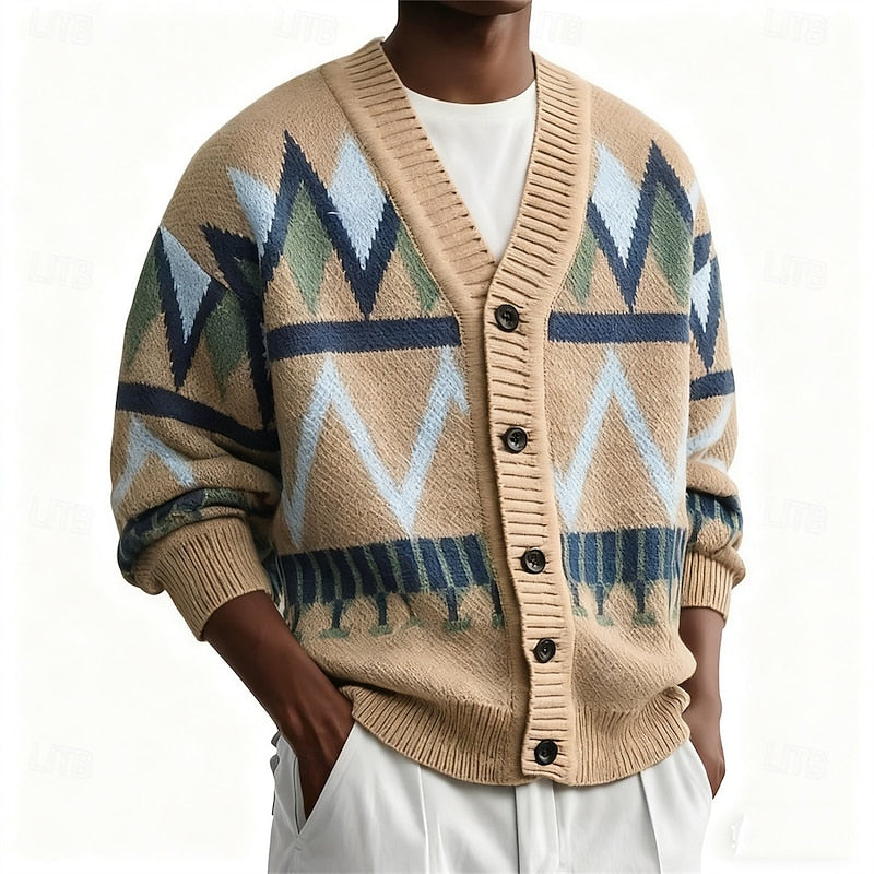 Men's Patterned Button-Up Knit Cardigan | Classic Pattern Casual Everyday Cosy Cardigan | Smart Casual Everyday Autumn Winter Knitwear