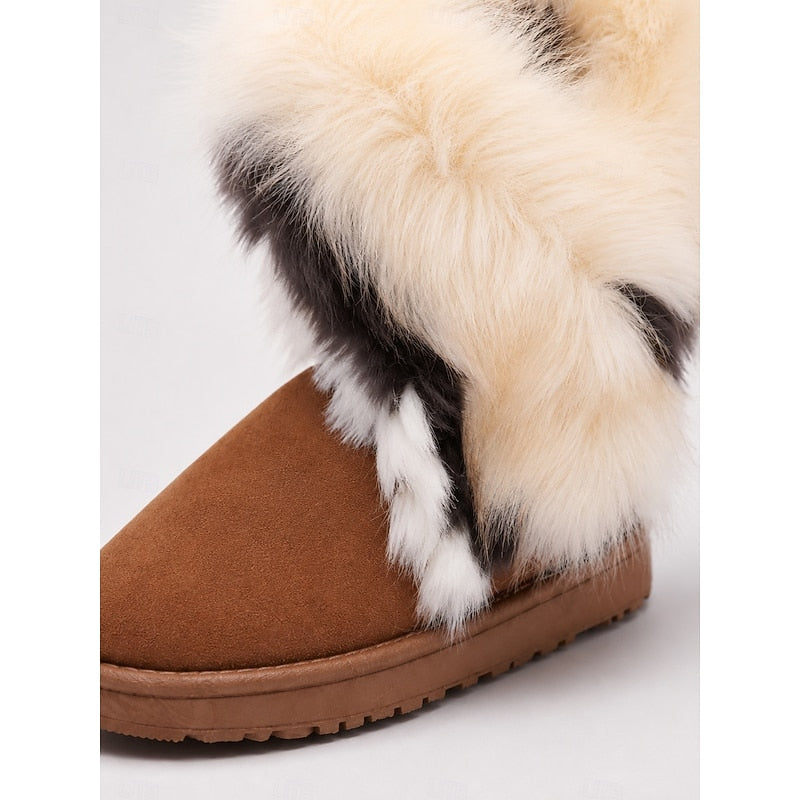 Women's Fur-Trim Suede Mid-Calf Winter Boots | Fluffy Warm Flat Casual Snow Boots | Casual Everyday Autumn Winter Boots