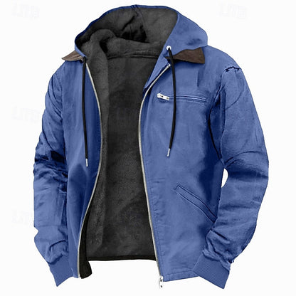 Men's Fleece-Lined Hooded Canvas Zip-Up Jacket | Warm Khaki Casual Everyday Winter Jacket | Smart Casual Everyday Autumn Winter Outerwear