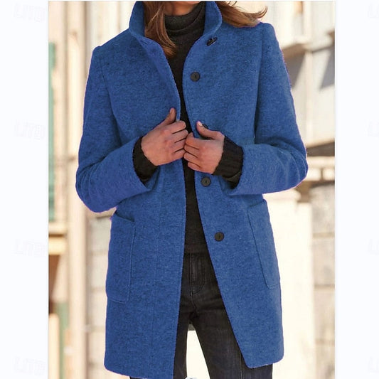 Women's Stand-Collar Single-Breasted Coat | Cobalt Blue Wool-Feel Classic Smart Winter Coat | Smart Casual Everyday Autumn Winter Outerwear