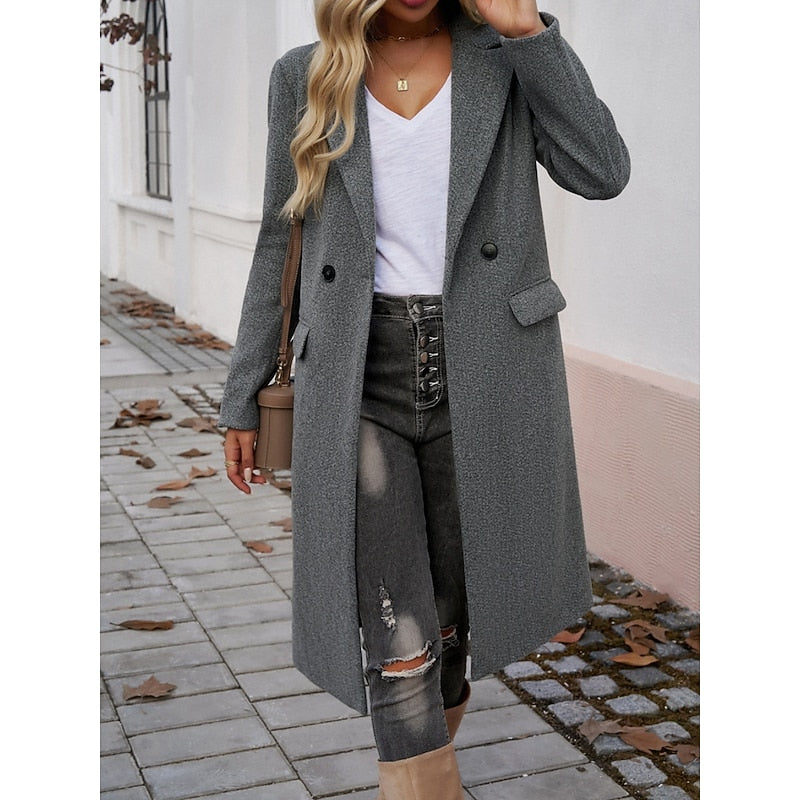 Women's Longline Tailored Notch-Lapel Coat | Classic Grey Smart Casual Winter Coat | Smart Casual Formal Everyday Autumn Winter Outerwear