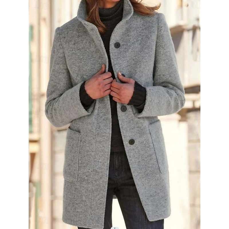 Women's Stand-Collar Single-Breasted Coat | Cobalt Blue Wool-Feel Classic Smart Winter Coat | Smart Casual Everyday Autumn Winter Outerwear