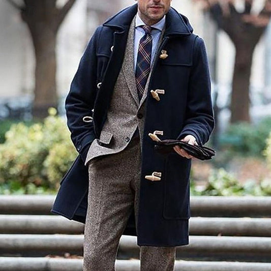 Men's Longline Wool Toggle-Button Duffle Coat | Classic Navy Smart Casual Winter Duffle Coat | Smart Formal Office Autumn Winter Outerwear
