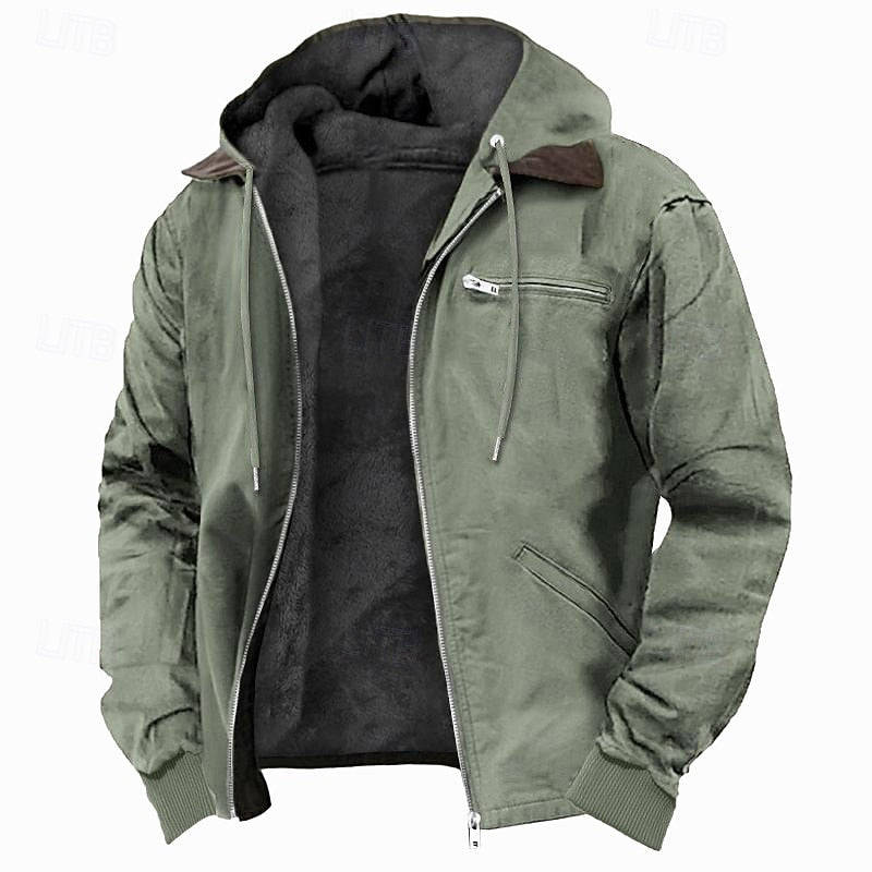 Men's Fleece-Lined Hooded Canvas Zip-Up Jacket | Warm Khaki Casual Everyday Winter Jacket | Smart Casual Everyday Autumn Winter Outerwear