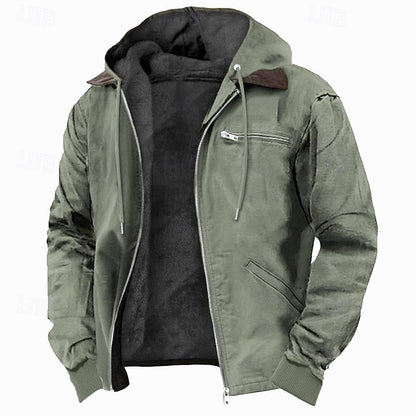 Men's Fleece-Lined Hooded Canvas Zip-Up Jacket | Warm Khaki Casual Everyday Winter Jacket | Smart Casual Everyday Autumn Winter Outerwear