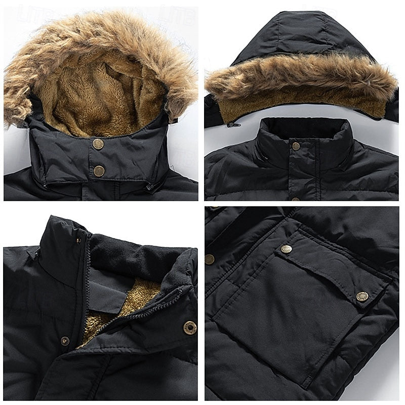 Men's Insulated Fur-Trim Hooded Parka | Warm Heavy Padded Casual Winter Parka Coat | Everyday Outdoor Casual Autumn Winter Outerwear