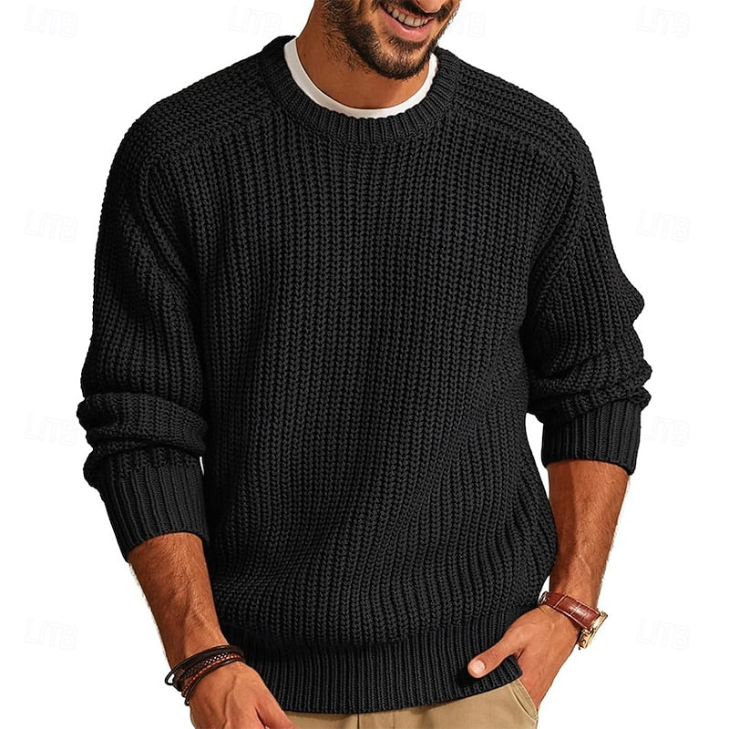 Men's Ribbed Round-Neck Knit Sweater | Classic Soft Cosy Casual Everyday Jumper | Smart Casual Everyday Autumn Winter Knitwear