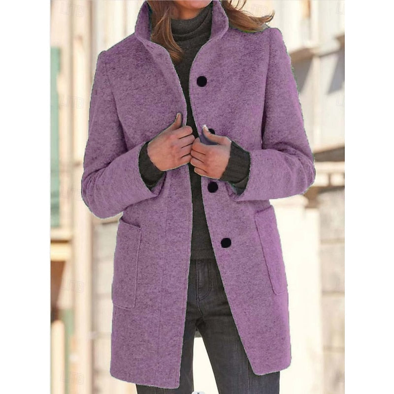 Women's Stand-Collar Single-Breasted Coat | Cobalt Blue Wool-Feel Classic Smart Winter Coat | Smart Casual Everyday Autumn Winter Outerwear