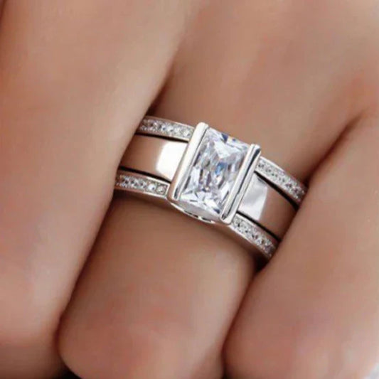 Women's Princess-Cut Zirconia Wide Band Ring | Classic Bezel Set Silver Elegant Statement Ring | Going Out Jewellery Accessory