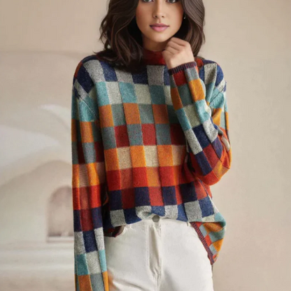 Women's Patchwork Turtleneck Sweater – Soft Patterned Knit Pullover