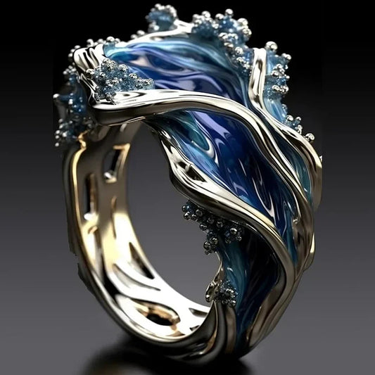 Women's Ocean Wave Statement Ring | Bold 3D Blue Enamel Crystal Casual Everyday Ring | Casual Going Out Jewellery Accessory