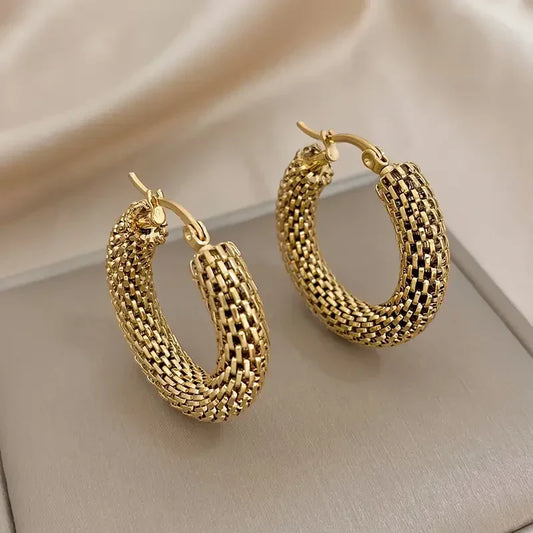 Women's Chunky Gold Mesh Hoop Earrings | Woven Textured Casual Everyday Statement Earrings | Casual Going Out Jewellery Accessory