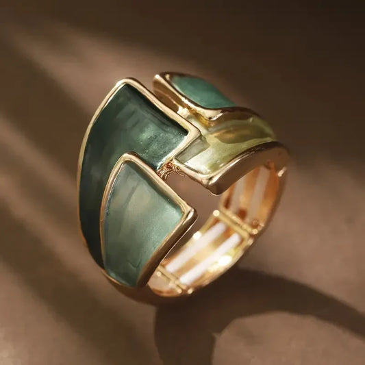 Women's Green Jade Inlaid Wide Gold Ring | Geometric Panel Bold Casual Everyday Statement Ring | Going Out Jewellery Accessory