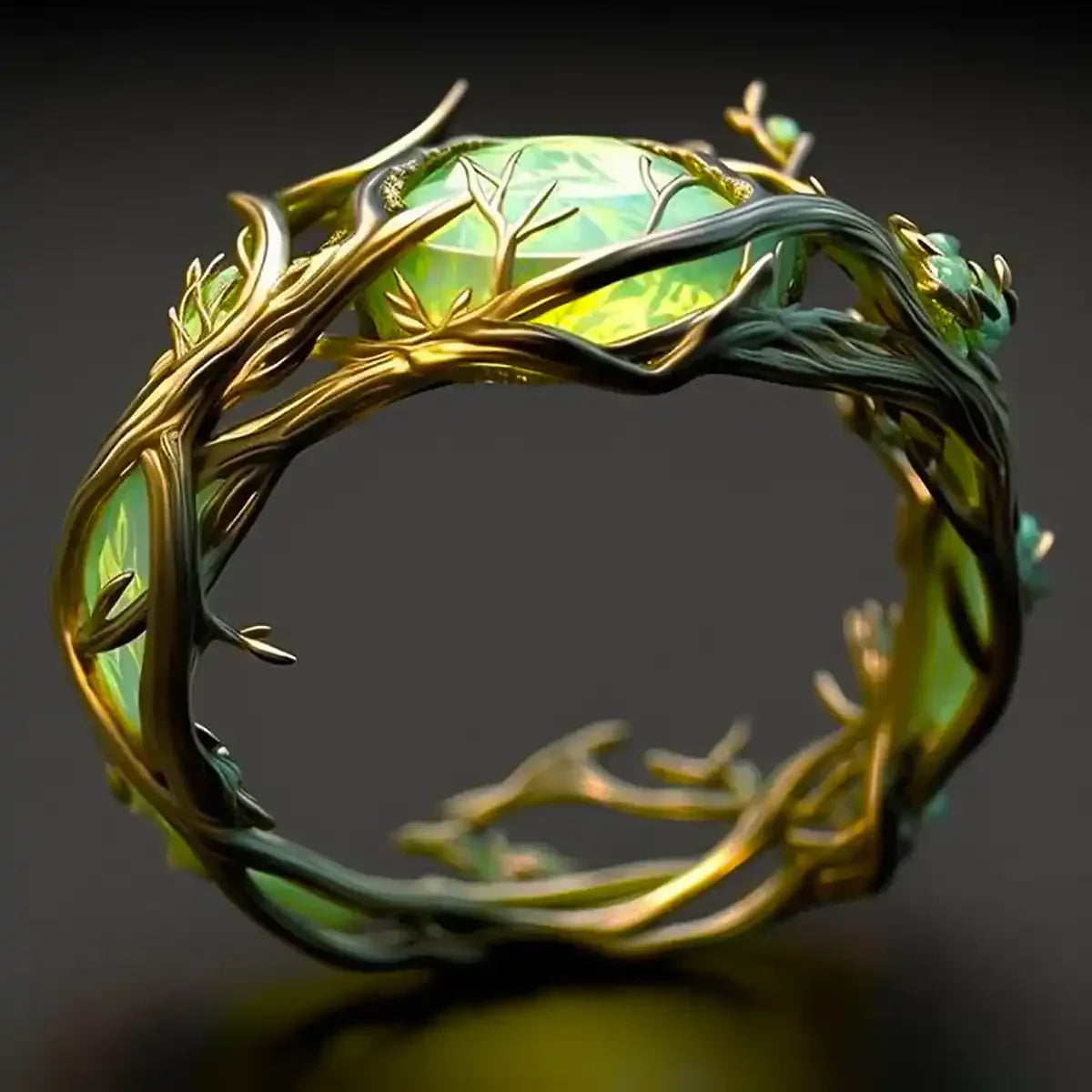 Damenring mit grünem Edelstein und Naturzweig | Fantasievoller Weinblatt-Ring mit Statement-Charakter für Alltag und Freizeit | Schmuckaccessoire zum Ausgehen