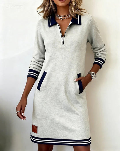 Women's Long-Sleeve Collared Dress – Elegant Everyday Shirt Dress – Gray