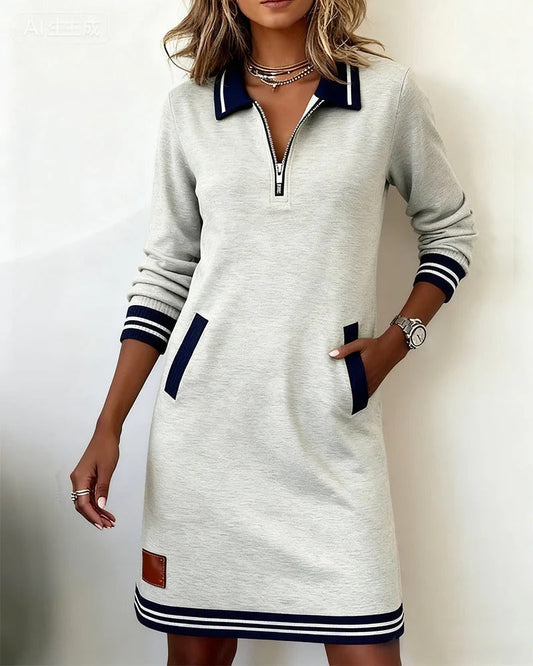 Women's Long-Sleeve Collared Dress – Elegant Everyday Shirt Dress – Gray