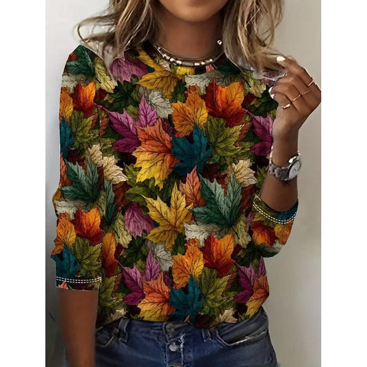 Women's Botanical Print Long-Sleeve Top | Floral Nature Print Casual Everyday Blouses for Women | Smart Casual Going Out Everyday Top