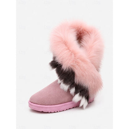 Women's Fur-Trim Suede Mid-Calf Winter Boots | Fluffy Warm Flat Casual Snow Boots | Casual Everyday Autumn Winter Boots