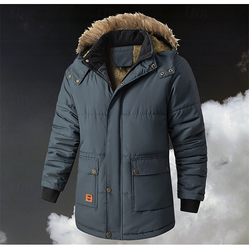 Men's Insulated Fur-Trim Hooded Parka | Warm Heavy Padded Casual Winter Parka Coat | Everyday Outdoor Casual Autumn Winter Outerwear