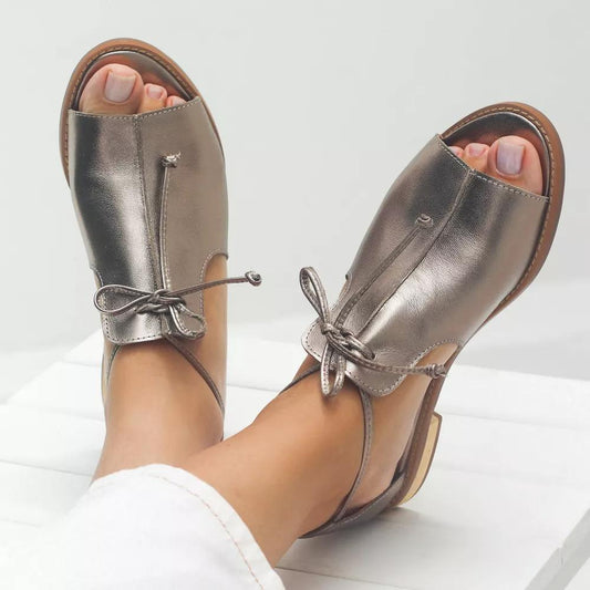 Elegant Flat Metallic Women's Sandals | Women's Strappy Summer Bow Sandals | Glossy Comfortable Flat Women's Sandals