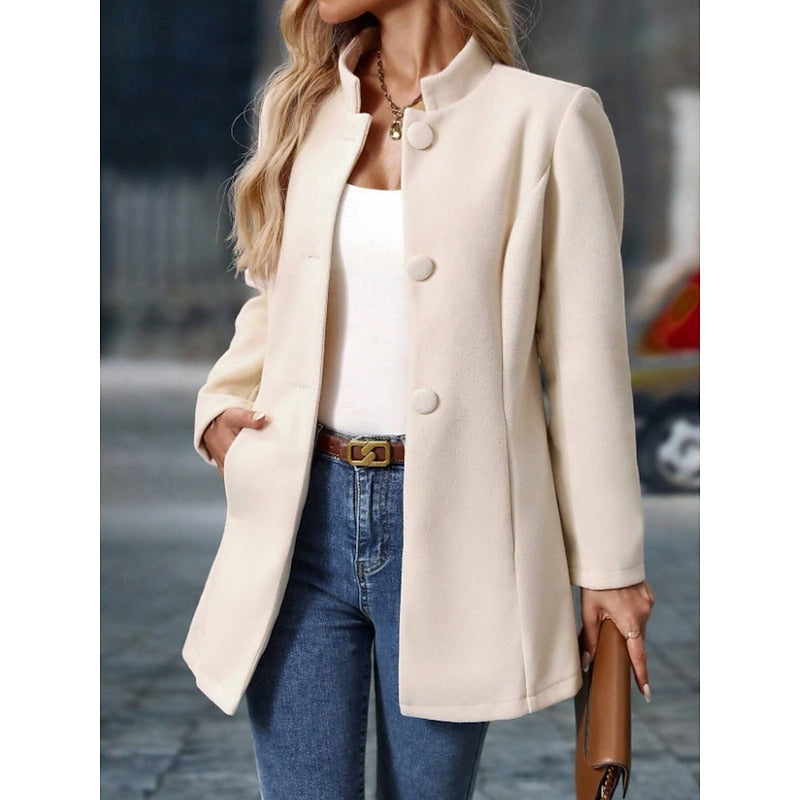 Women's Elegant Stand-Collar Button Coat | Ivory Fitted Wool-Feel Classic Smart Winter Coat | Smart Casual Office Formal Autumn Winter Outerwear