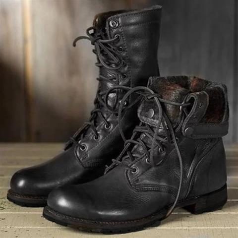 Damen-Militärstiefel aus Leder mit Schnürsenkeln und mittelhohem Schaft | Klassische braune lässig-elegante Alltagstiefel | Lässig-elegante Alltagstiefel für Herbst und Winter