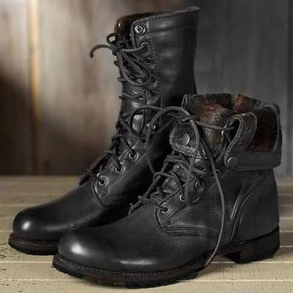 Damen-Militärstiefel aus Leder mit Schnürsenkeln und mittelhohem Schaft | Klassische braune lässig-elegante Alltagstiefel | Lässig-elegante Alltagstiefel für Herbst und Winter