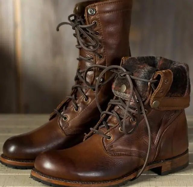 Damen-Militärstiefel aus Leder mit Schnürsenkeln und mittelhohem Schaft | Klassische braune lässig-elegante Alltagstiefel | Lässig-elegante Alltagstiefel für Herbst und Winter