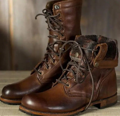 Damen-Militärstiefel aus Leder mit Schnürsenkeln und mittelhohem Schaft | Klassische braune lässig-elegante Alltagstiefel | Lässig-elegante Alltagstiefel für Herbst und Winter