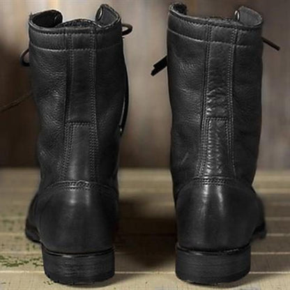 Damen-Militärstiefel aus Leder mit Schnürsenkeln und mittelhohem Schaft | Klassische braune lässig-elegante Alltagstiefel | Lässig-elegante Alltagstiefel für Herbst und Winter
