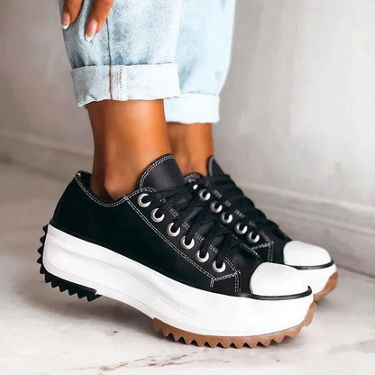 Canvas-Sneaker für Damen mit Plateau und Schnürung | Lässige Streetwear-Trainingsschuhe für jeden Tag mit klobiger Sohle | Lässige Streetwear-Schuhe für jeden Tag