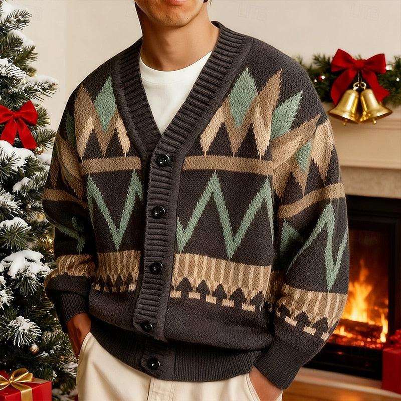 Men's Patterned Button-Up Knit Cardigan | Classic Pattern Casual Everyday Cosy Cardigan | Smart Casual Everyday Autumn Winter Knitwear