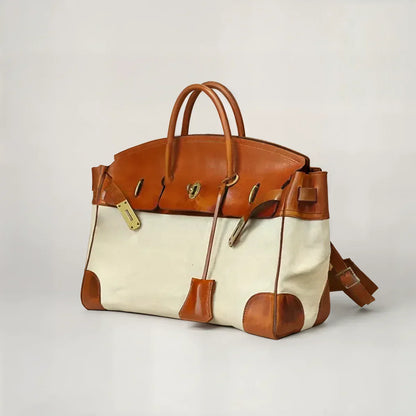 Reisetasche für Damen aus Canvas und Leder | Große strukturierte Tasche in Elfenbein und Tan mit Tragegriffen | Lässige Reise- und Urlaubstasche