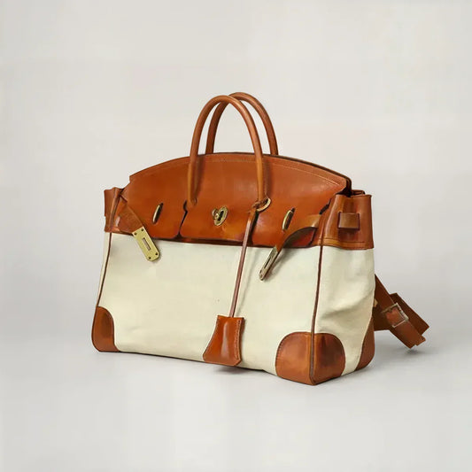 Women's Canvas and Leather Weekend Travel Bag | Large Ivory Tan Structured Top-Handle Bag | Casual Travel Holiday Bag