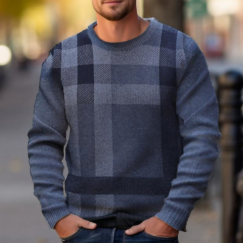 Men's Checked Crewneck Knit Sweater | Classic Check Pattern Cosy Casual Everyday Jumper | Smart Casual Everyday Autumn Winter Knitwear
