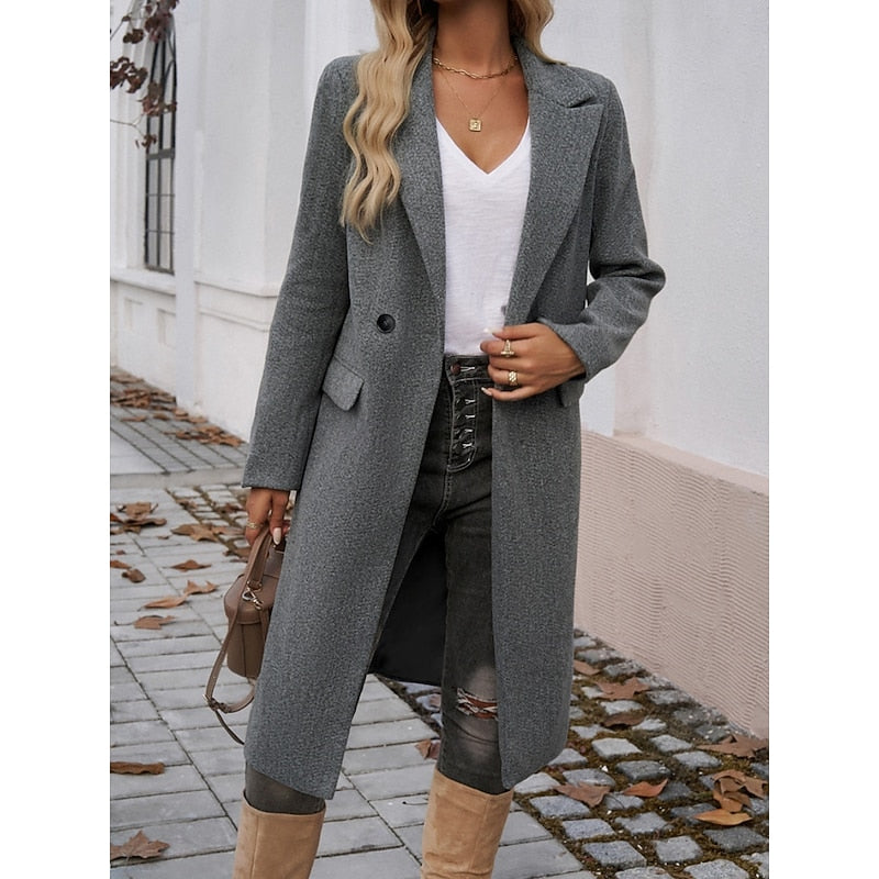 Women's Longline Tailored Notch-Lapel Coat | Classic Grey Smart Casual Winter Coat | Smart Casual Formal Everyday Autumn Winter Outerwear