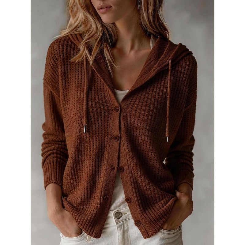 Women's Hooded Button-Front Knit Cardigan | Cosy Casual Everyday Hooded Cardigan | Smart Casual Everyday Autumn Winter Knitwear