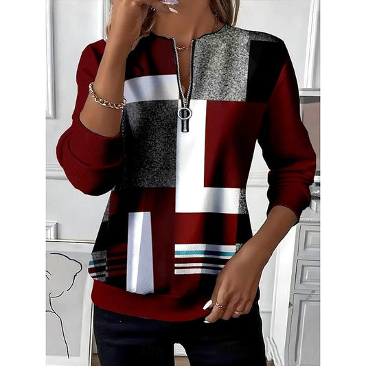 Women's Colour-Block Zip-Neck Casual Sweatshirt | Casual Everyday Contrast Zip Top | Smart Casual Everyday Autumn Winter Knitwear